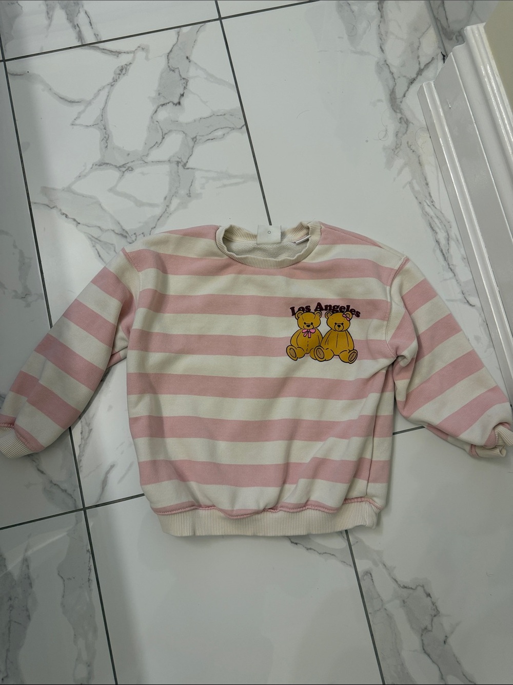 Zara Kids' Pink & Cream Striped Sweatshirt with Bear Graphic